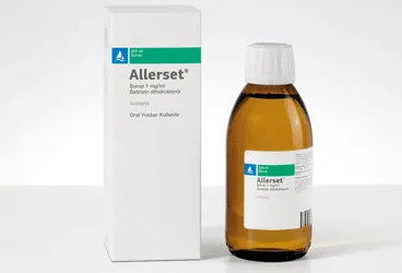 ALLERSET 1 MG/1 ML SURUP (200ML) (setirizin) ürün ambalajı, şurup. Üretici: SANTA FARMA İLAÇ SAN. A.Ş.