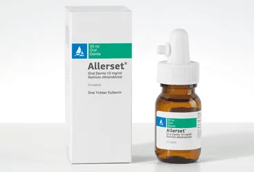 ALLERSET 10 MG/ML ORAL DAMLA,COZELTI (20ML) (setirizin) ürün ambalajı, çözelti. Üretici: SANTA FARMA İLAÇ SAN. A.Ş.