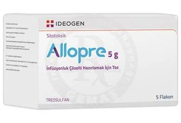 ALLOPRE 5 G INFUZYONLUK COZELTI HAZIRLAMAK ICIN TOZ (5 FLAKON) ambalajı, çözelti formunda treosulfan içerir. Üretici: IDEOGEN İLAÇ SANAYİ ANONİM ŞİRKETİ.