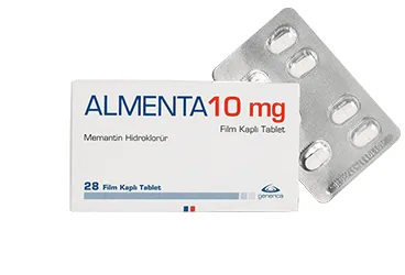 ALMENTA 10 MG 28 FILM KAPLI TABLET (memantin) kutusu, film kaplı tablet. Üretici: GENVEON İLAÇ SANAYİ VE TİCARET ANONİM ŞİRKETİ.