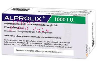 ALPROLIX 1000 IU ENJEKSIYONLUK COZELTI HAZIRLAMAK ICIN TOZ VE COZUCU (insan faktör ix konsantresi) ambalajı, çözelti. Üretici: PROCEUTİCA İLAÇ PAZARLAMA VE DANIŞMANLIK ANONİM ŞİRKETİ.