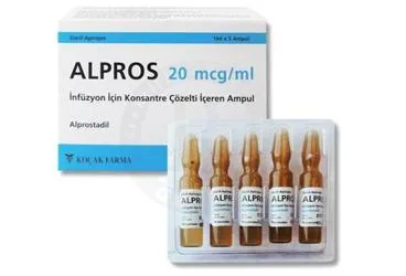 ALPROS 20 MCG/ML INF. ICIN KONSANTRE COZ. ICEREN 1 MLx5 AMPUL (alprostadil) kutu fotoğrafı, ampul. Üretici: KOÇAK FARMA İLAÇ VE KİMYA SANAYİ A.Ş.