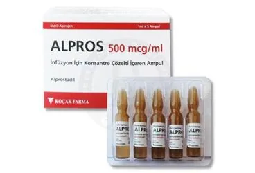 ALPROS 500 MCG/ML INF. ICIN KONSANTRE COZ. ICEREN 1 MLx5 AMPUL ürün ambalajı, ampul formunda alprostadil içerir. Üretici: KOÇAK FARMA İLAÇ VE KİMYA SANAYİ A.Ş.