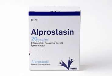 ALPROSTASIN 20 MCG/ML INF. ICIN KONSANTRE COZ. ICEREN 1 MLx5 AMPUL ambalajı, ampul formunda alprostadil içerir. Üretici: VEM İLAÇ SAN. VE TİC. ANONİM ŞİRKETİ.