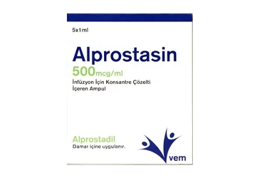 ALPROSTASIN 500 MCG/ML INF. ICIN KONSANTRE COZ. ICEREN 1 MLx5 AMPUL kutu fotoğrafı, ampul formunda alprostadil içerir. Üretici: VEM İLAÇ SAN. VE TİC. ANONİM ŞİRKETİ.