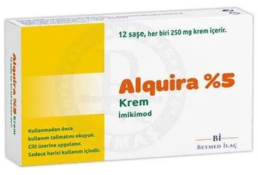 ALQUIRA %5 KREM ambalajı. Imikimod içeren krem. Üretici: BEYMED İLAÇ SANAYİ VE TİCARET ANONİM ŞİRKETİ.