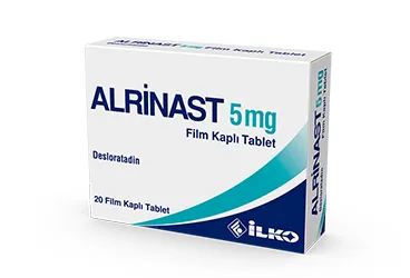 ALRINAST 5 MG 20 FILM TABLET ambalajı, film kaplı tablet formunda desloratadin içerir. Üretici: İLKO İLAÇ SAN. VE TİC. A.Ş.
