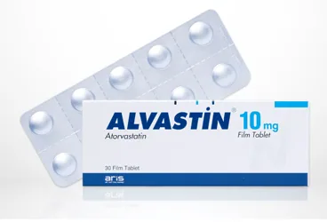 Atorvastatin içeren film kaplı tablet: ALVASTIN 10 MG 30 FILM TABLET ürün ambalajı. Üretici: ALİ RAİF İLAÇ SANAYİ A.Ş.