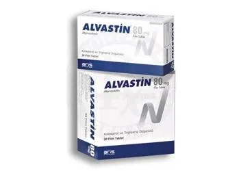 Atorvastatin içeren film kaplı tablet: ALVASTIN 80 MG 30 FILM KAPLI TABLET kutusu. Üretici: ALİ RAİF İLAÇ SANAYİ A.Ş.