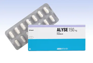 Pregabalin içeren kapsül: ALYSE 150 MG 56 KAPSUL ambalajı. Üretici: ABDİ İBRAHİM İLAÇ SANAYİ VE TİCARET A.Ş.