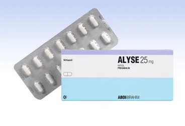 ALYSE 25 MG 56 KAPSUL (pregabalin) ürün ambalajı, kapsül. Üretici: ABDİ İBRAHİM İLAÇ SANAYİ VE TİCARET A.Ş.