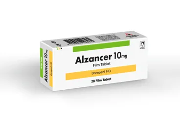 ALZANCER 10 MG 28 FİLM TABLET (donepezil) kutusu, film kaplı tablet. Üretici: NOBEL İLAÇ SAN. VE TİC. A.Ş.