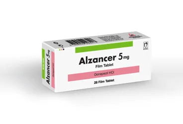 Donepezil içeren film kaplı tablet: ALZANCER 5 MG 14 FİLM TABLET ambalajı. Üretici: NOBEL İLAÇ SAN. VE TİC. A.Ş.