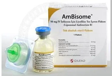 AMBISOME 50 MG 1 FLAKON kutusu. Amfoterisin b içeren flakon. Üretici: GİLEAD SCİENCES İLAÇ TİCARET LTD. ŞTİ.