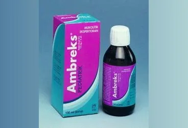 AMBREKS 15 MG/5ML PEDIYATRIK SURUP ambalajı. Ambroksol hcl içeren şurup. Üretici: NOBEL İLAÇ SAN. VE TİC. A.Ş.