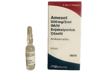 AMEXOT 500 MG/2ML IM/IV ENJEKSIYONLUK COZELTI (1 AMPUL) (amikasin sülfat) ambalajı, çözelti. Üretici: HAVER TRAKYA İLAÇ SANAYİ VE TİCARET ANONİM ŞİRKETİ.
