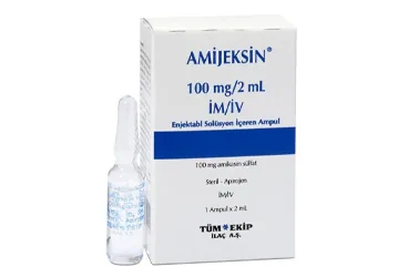 Amikasin sülfat içeren ampul: AMIJEKSIN 100 MG/2 ML IM/IV ENJ. SOL.ICEREN 1 AMPUL ürün ambalajı. Üretici: TÜM - EKİP İLAÇ A.Ş.