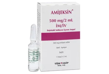 Amikasin sülfat içeren ampul: AMIJEKSIN 500 MG/2 ML IM/IV ENJ. SOL.ICEREN 1 AMPUL ambalajı. Üretici: TÜM - EKİP İLAÇ A.Ş.