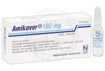 AMIKAVER 100 MG 2ML X 1 AMPUL (amikasin sülfat) kutu fotoğrafı, ampul. Üretici: OSEL İLAÇ SANAYİ VE TİCARET ANONİM ŞİRKETİ.