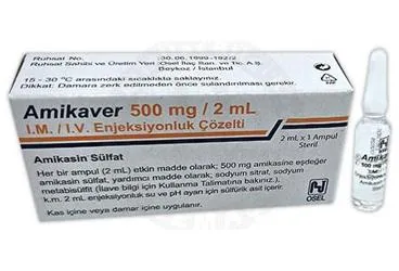 AMIKAVER 500 MG 1 AMPUL kutu fotoğrafı. Amikasin sülfat içeren ampul. Üretici: OSEL İLAÇ SANAYİ VE TİCARET ANONİM ŞİRKETİ.