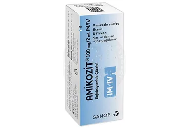 AMIKOZIT 100 MG 1 FLAKON (amikasin sülfat) ambalajı, flakon. Üretici: SANOFİ İLAÇ SANAYİ ve TİC. A.Ş.