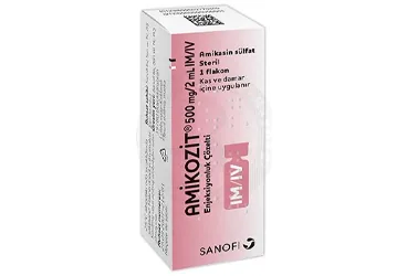 Amikasin sülfat içeren flakon: AMIKOZIT 500 MG IM/IV ENJ. ÇÖZ. İÇEREN FLAKON, 1 FLAKON ürün ambalajı. Üretici: SANOFİ İLAÇ SANAYİ ve TİC. A.Ş.
