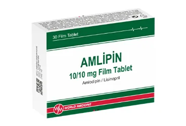 AMLIPIN 10/10 MG 30 FILM KAPLI TABLET (amlodipin besilat + lisinopril dihidrat) kutusu, film kaplı tablet. Üretici: WORLD MEDICINE İLAÇ SAN. VE TİC. A.Ş.