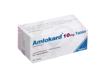 Amlodipin içeren tablet: AMLOKARD 10 MG 90 TABLET ambalajı. Üretici: SANOVEL İLAÇ SANAYİ VE TİCARET ANONİM ŞİRKETİ.