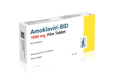 AMOKLAVIN BID 1000 MG 10 FILM TABLET (amoksisilin + klavulanik asit) kutu fotoğrafı, film kaplı tablet. Üretici: DEVA HOLDİNG ANONİM ŞİRKETİ.