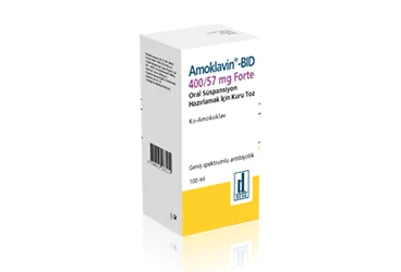 AMOKLAVIN BID 400/57 MG FORTE 140 ML ORAL SUS. HAZIRLAMAK ICIN KURU TOZ ambalajı, toz formunda amoksisilin + klavulanik asit içerir. Üretici: DEVA HOLDİNG ANONİM ŞİRKETİ.