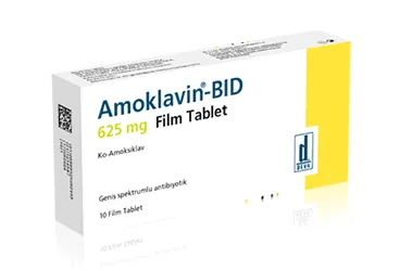 Amoksisilin + klavulanik asit içeren tablet: AMOKLAVIN BID 625 MG 10 TABLET ambalajı. Üretici: DEVA HOLDİNG ANONİM ŞİRKETİ.