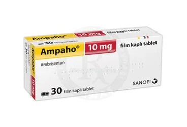 Ambrisentan içeren film kaplı tablet: AMPAHO 10 MG 30 FILM KAPLI TABLET kutusu. Üretici: SANOFİ İLAÇ SANAYİ ve TİC. A.Ş.