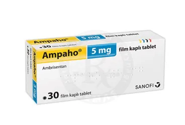 AMPAHO 5 MG 30 FILM KAPLI TABLET kutusu, film kaplı tablet formunda ambrisentan içerir. Üretici: SANOFİ İLAÇ SANAYİ ve TİC. A.Ş.