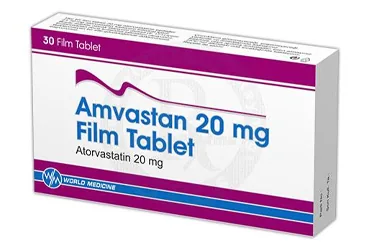 Atorvastatin içeren film kaplı tablet: AMVASTAN 20 MG 30 FILM KAPLI TABLET ürün ambalajı. Üretici: WORLD MEDICINE İLAÇ SAN. VE TİC. A.Ş.