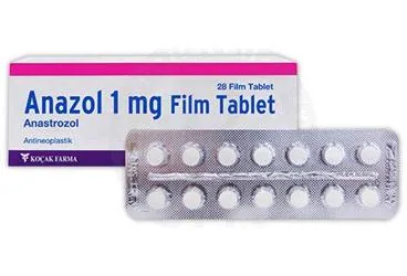 Anastrozol içeren film kaplı tablet: ANAZOL 1 MG 28 FILM TABLET ürün ambalajı. Üretici: KOÇAK FARMA İLAÇ VE KİMYA SANAYİ A.Ş.