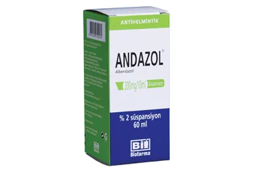 ANDAZOL 200 MG/10 ML SUSPANSIYON, 60 ML (albendazol) ambalajı, süspansiyon. Üretici: BİOFARMA İLAÇ SANAYİ VE TİCARET A.Ş.