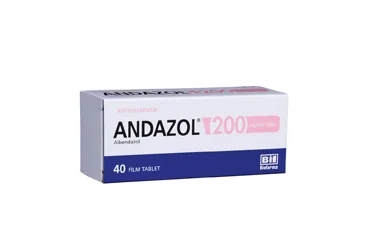 ANDAZOL 200 MG 2 FILM TABLET kutusu. Albendazol içeren film kaplı tablet. Üretici: BİOFARMA İLAÇ SANAYİ VE TİCARET A.Ş.
