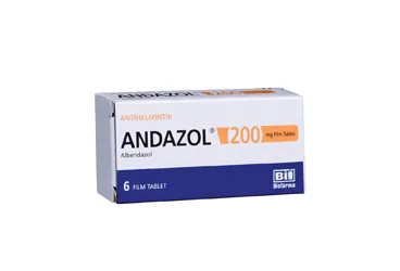 Albendazol içeren film kaplı tablet: ANDAZOL 200 MG 6 FILM KAPLI TABLET kutu fotoğrafı. Üretici: BİOFARMA İLAÇ SANAYİ VE TİCARET A.Ş.
