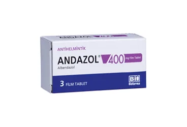 ANDAZOL 400 MG 3 FILM KAPLI TABLET ambalajı. Albendazol içeren film kaplı tablet. Üretici: BİOFARMA İLAÇ SANAYİ VE TİCARET A.Ş.