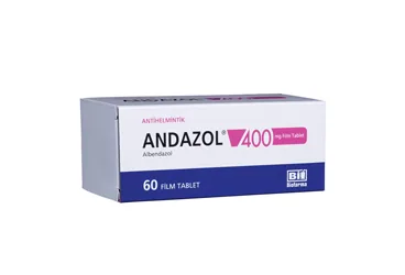ANDAZOL 400 MG 1 FILM TABLET (albendazol) ürün ambalajı, film kaplı tablet. Üretici: BİOFARMA İLAÇ SANAYİ VE TİCARET A.Ş.