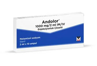ANDOLOR 1000 MG/2 ML IM/IV ENJEKSIYONLUK COZELTI ambalajı, çözelti formunda metamizol sodyum içerir. Üretici: MENARİNİ SAĞLIK VE İLAÇ SANAYİ TİCARET ANONİM ŞİRKETİ.