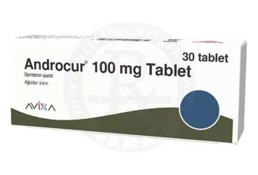 ANDROCUR 100 MG TABLET (30 TABLET) (siproteron asetat) kutusu, tablet. Üretici: AVİXA İLAÇ SANAYİ VE TİCARET ANONİM ŞİRKETİ.