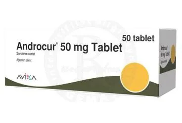 ANDROCUR 50 MG 50 TABLET ambalajı. Siproteron asetat içeren tablet. Üretici: BAYER TÜRK KİMYA SAN. LTD. ŞTİ.