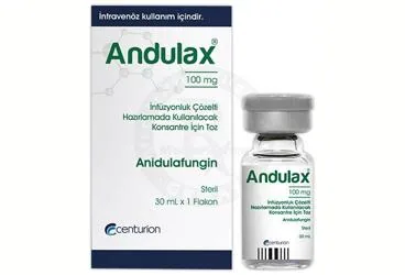 Anidulafungin içeren çözelti: ANDULAX 100 MG INFUZYONLUK COZELTI HAZIRLAMADA KULLANILACAK KONSANTRE ICIN TOZ (1 ADET) ürün ambalajı. Üretici: CENTURİON İLAÇ SANAYİ VE TİCARET ANONİM ŞİRKETİ.