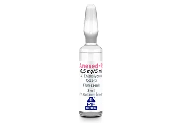 ANESED-R 0.5 MG 5 ML I.V. ENJEKSIYON ICIN COZELTI ICEREN AMPUL (5 AMPUL) ürün ambalajı. Flumazenil içeren çözelti. Üretici: POLİFARMA İLAÇ SAN. VE TİC. A.Ş.