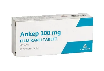 ANKEP 100 MG 30 FILM KAPLI TABLET ürün ambalajı. Ketiapin içeren film kaplı tablet. Üretici: ANGELINI İLAÇ SANAYİ VE TİCARET ANONİM ŞİRKETİ.