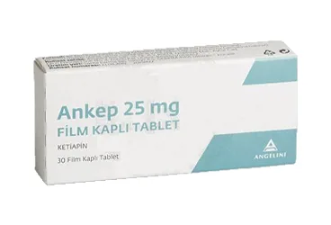 Ketiapin içeren film kaplı tablet: ANKEP 25 MG 30 FILM TABLET ürün ambalajı. Üretici: ANGELINI İLAÇ SANAYİ VE TİCARET ANONİM ŞİRKETİ.