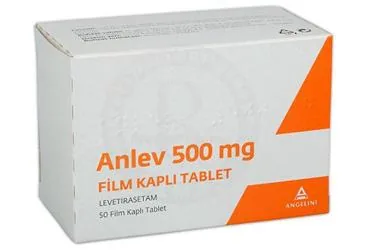 Levetirasetam içeren film kaplı tablet: ANLEV 500 MG FILM KAPLI TABLET (50 FILM TABLET) ürün ambalajı. Üretici: ANGELINI İLAÇ SANAYİ VE TİCARET ANONİM ŞİRKETİ.