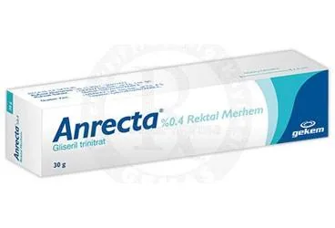 ANRECTA %0,4 30 GR REKTAL MERHEM kutu fotoğrafı, merhem formunda gliseril trinitrat -rektal içerir. Üretici: GEKEM İLAÇ SAN VE TİC.LTD.ŞTİ.