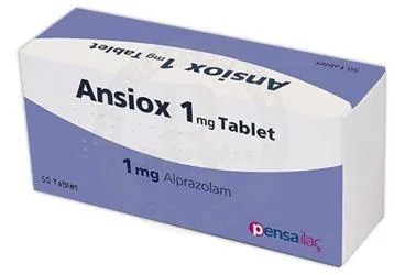 Alprazolam içeren tablet: ANSIOX 1 MG 50 TABLET ambalajı. Üretici: PENSA İLAÇ SAN. VE TİC. A.Ş.